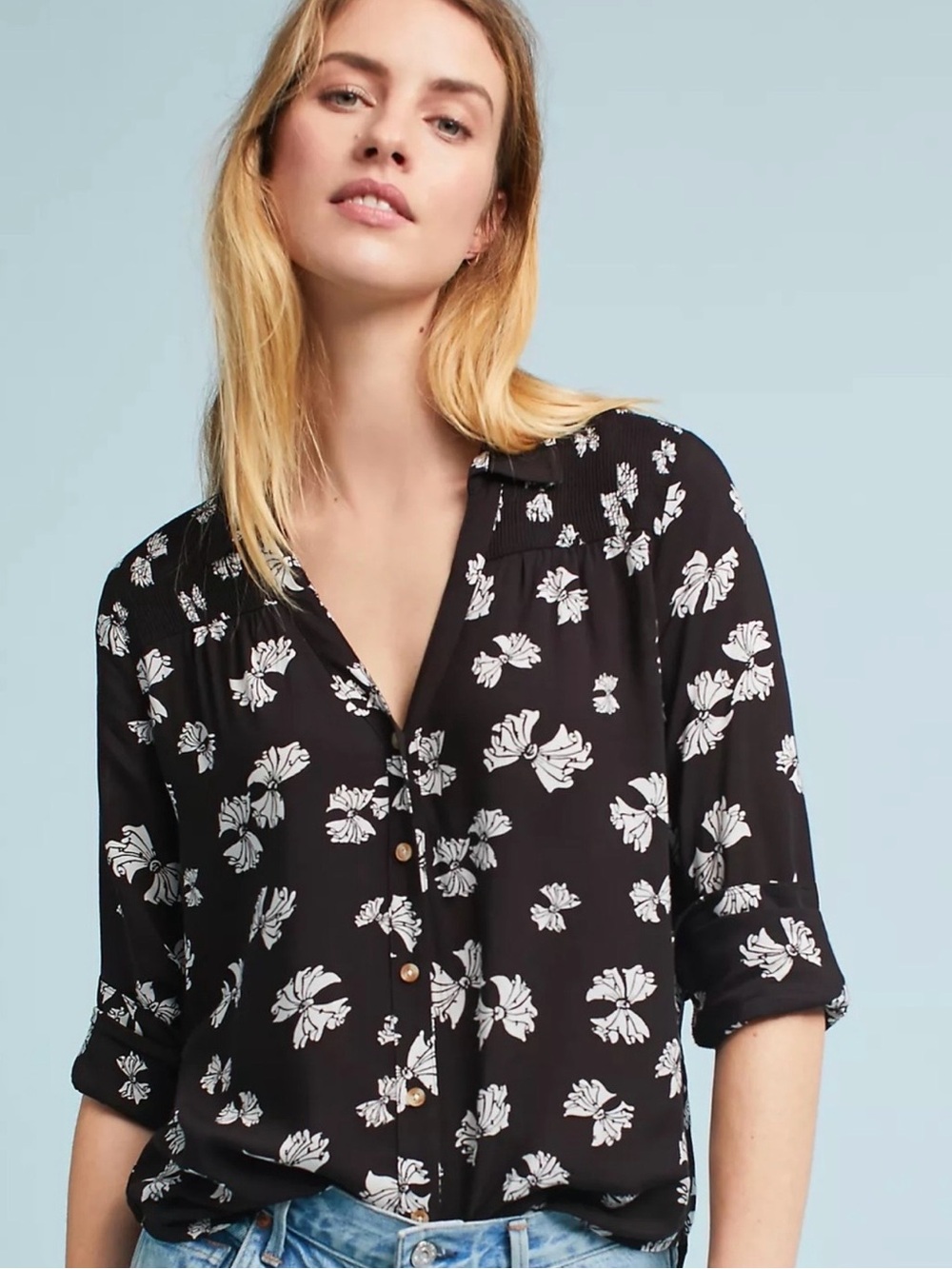 Anthropologie Maeve Black Floral Button-Front Blouse